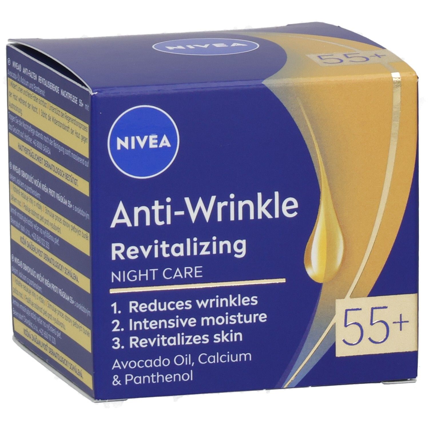 NIVEA Anti-Falten + Vitalität Nachtpflege 55+ Karton. Vorderseite mit Produktnamen und Vorteilen.