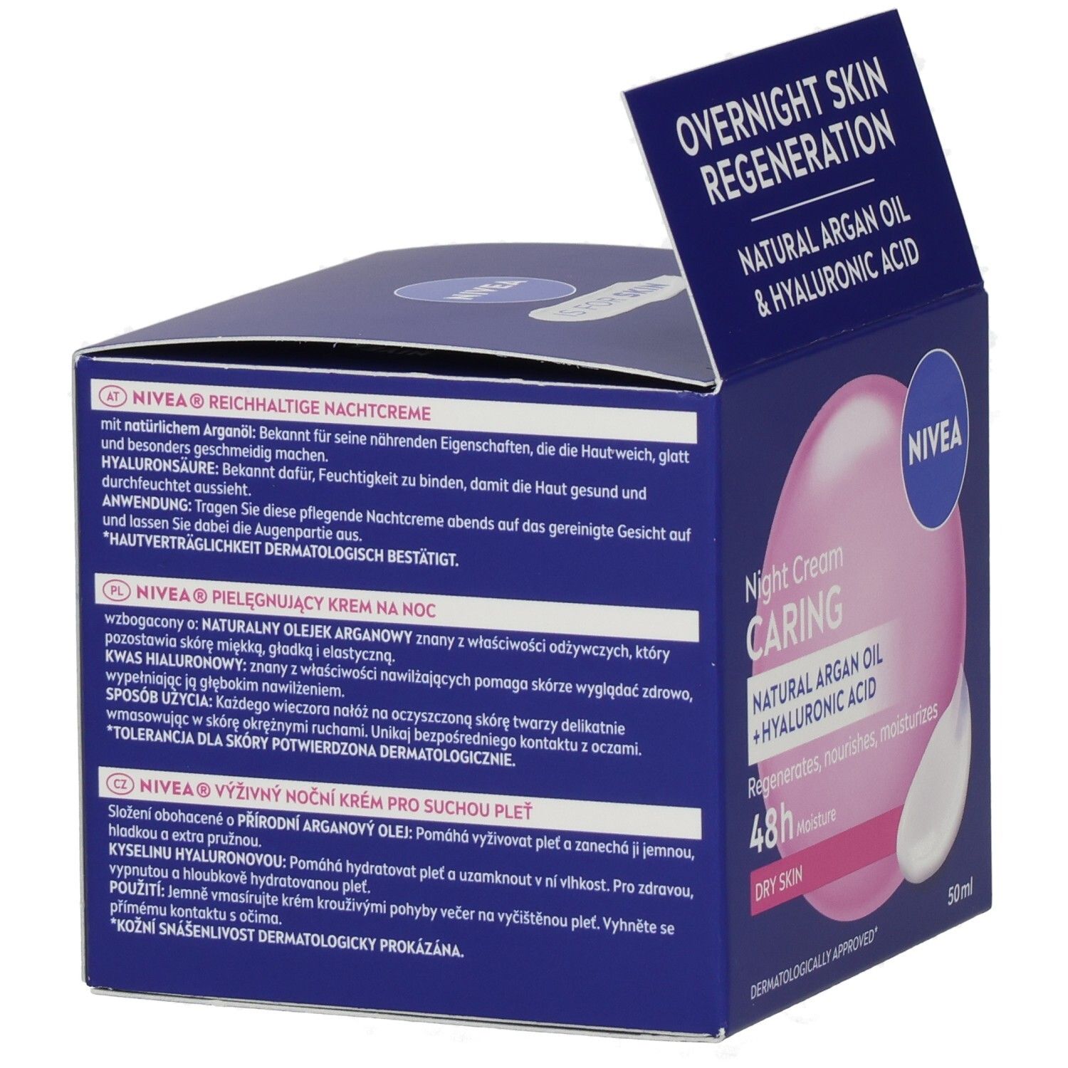 NIVEA Reichhaltige Nachtpflege: Rückseite mit Produktinformationen in mehreren Sprachen.