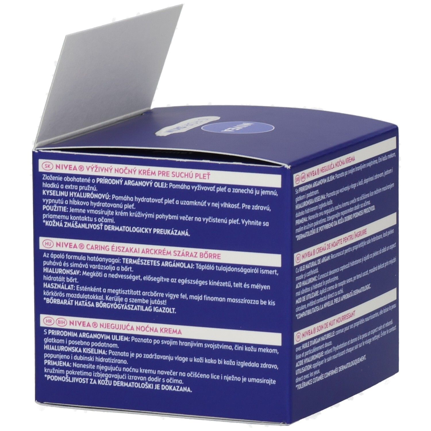 NIVEA Reichhaltige Nachtpflege: Seitenansicht mit Produktinformationen in mehreren Sprachen.
