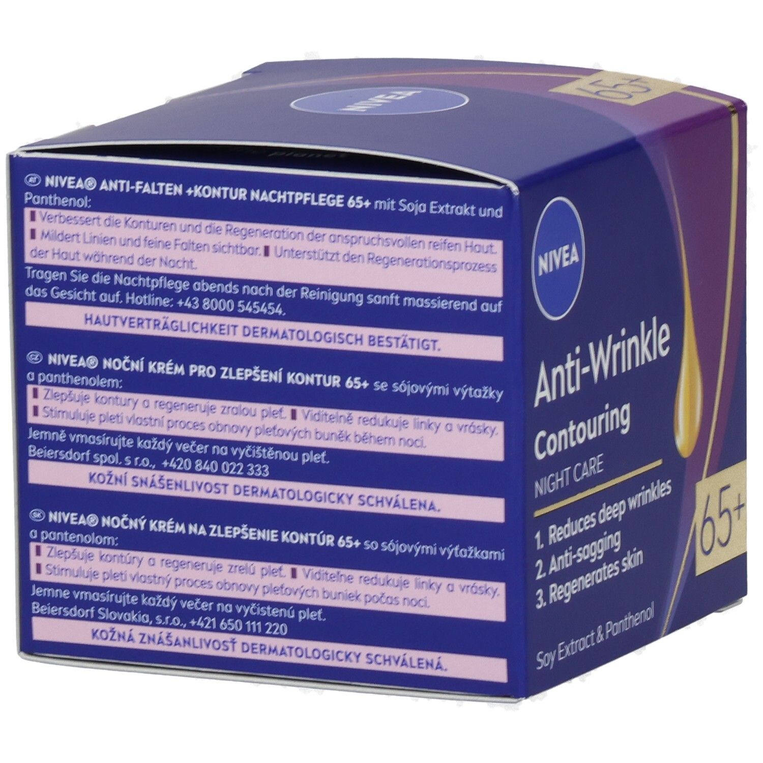 Nivea Anti-Falten + Kontur Nachtpflege 65+ Karton, Rückseite mit Produktinformationen.