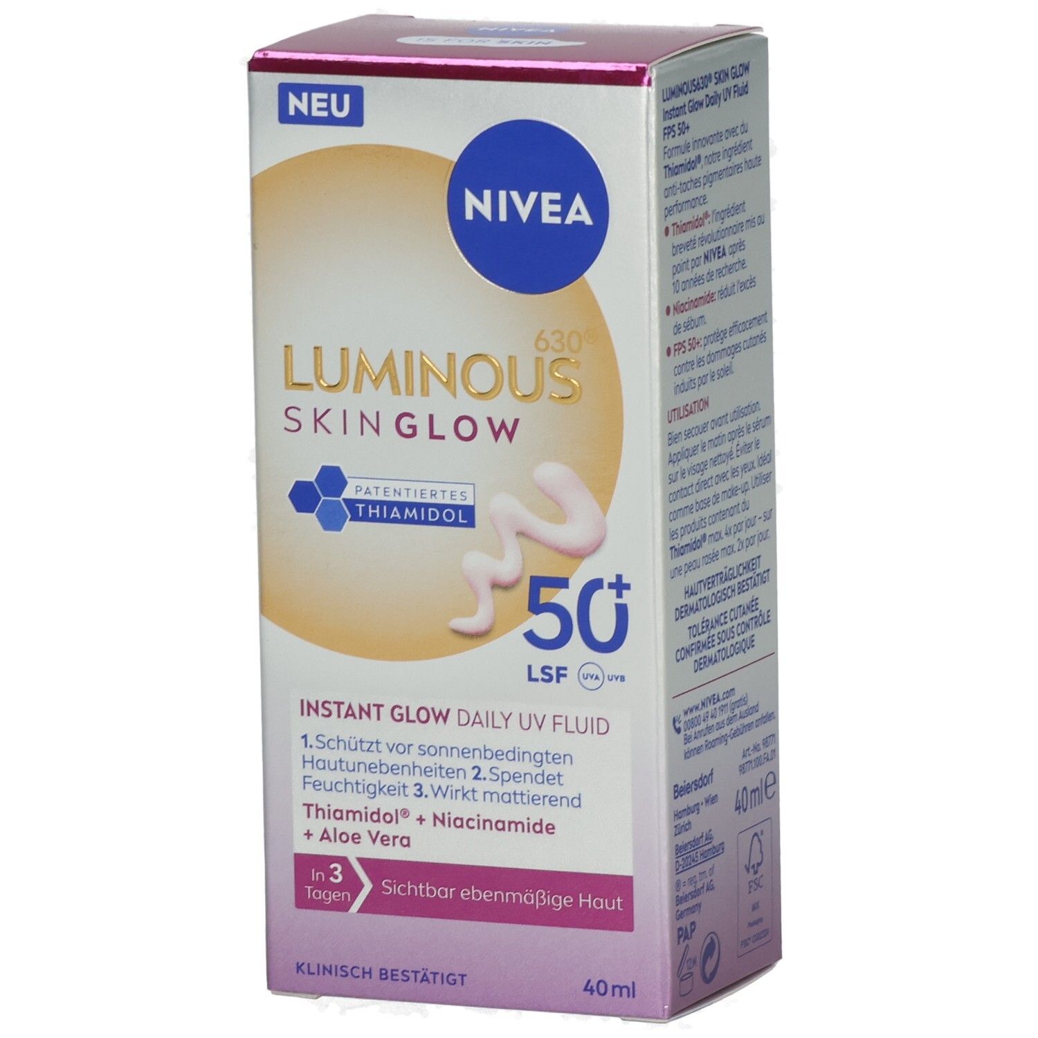 NIVEA Luminous630 Skin Glow Tagespflege mit LSF 50+ in Faltschachtel. Enthält Thiamidol, Niacinamid und Aloe Vera.