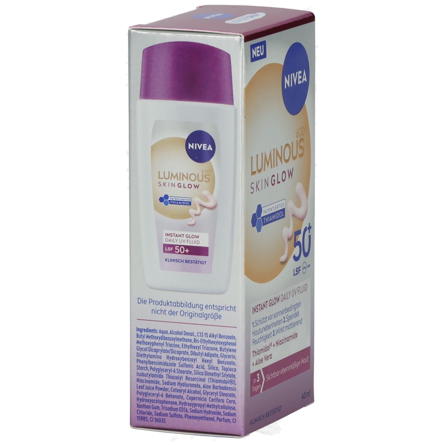 NIVEA Luminous630 Skin Glow Tagespflege mit LSF 50+. Seitenansicht der Faltschachtel mit Inhaltsstoffen und Anwendungshinweisen.
