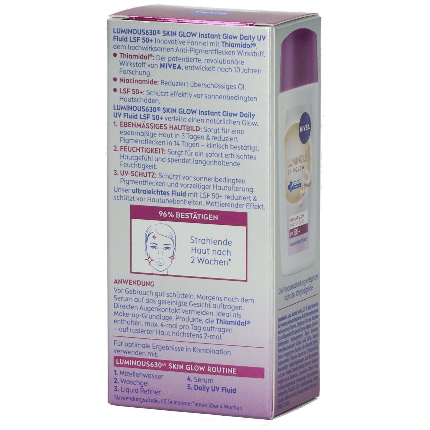 Rückseite der NIVEA Luminous630 Skin Glow Tagespflege Faltschachtel mit detaillierten Produktinformationen und Anwendung.