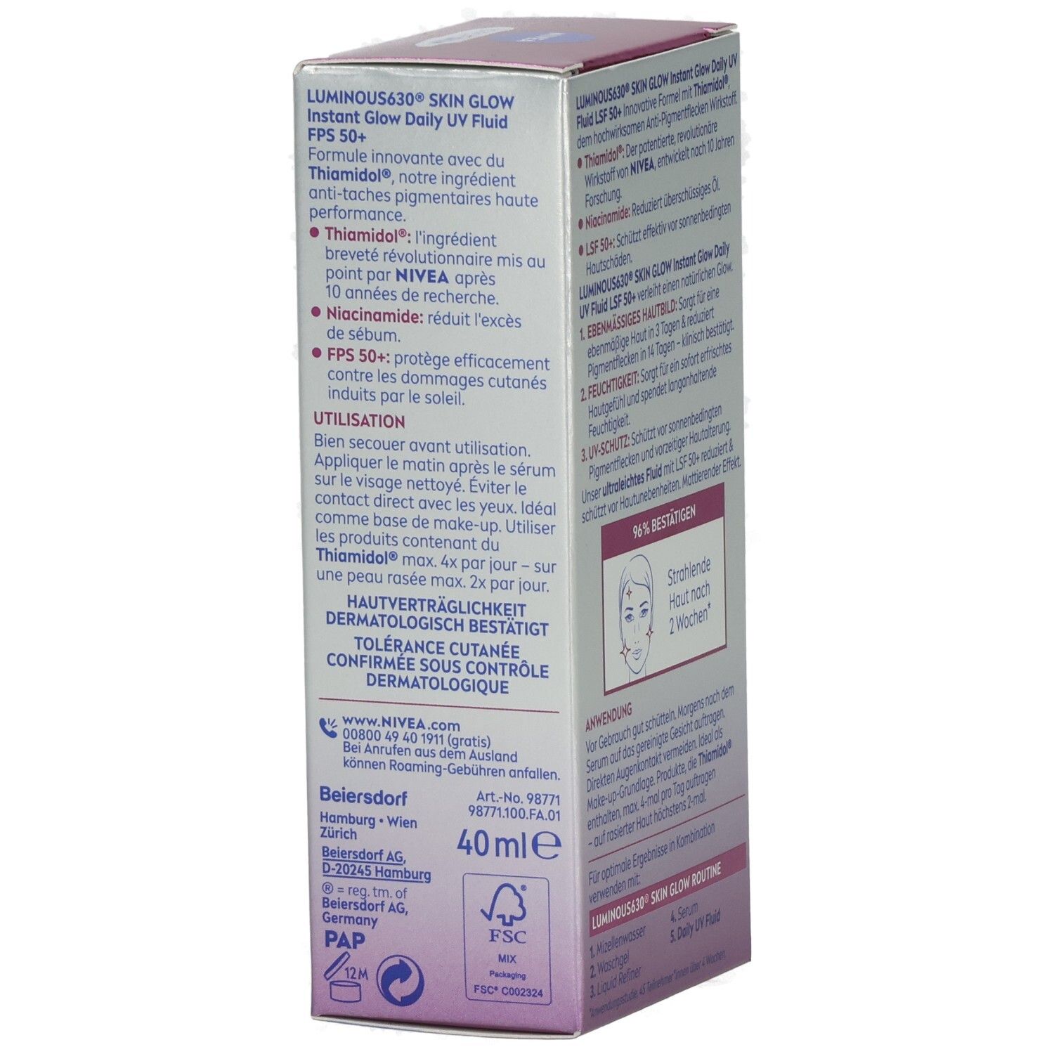Seitenansicht der NIVEA Luminous630 Skin Glow Tagespflege Faltschachtel mit Anwendungshinweisen und dermatologischer Bestätigung.