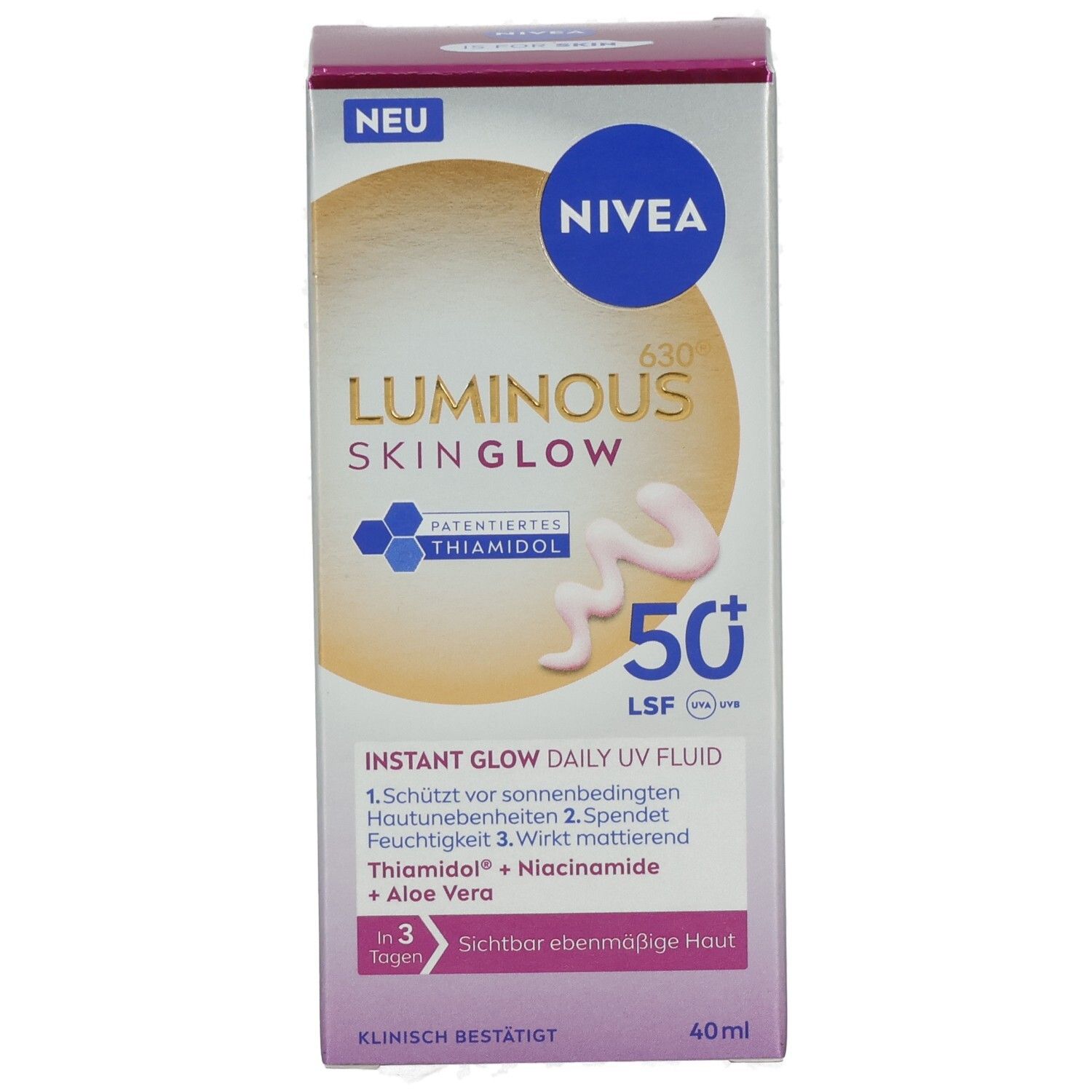 NIVEA Luminous630 Skin Glow Tagespflege mit LSF 50+ in Faltschachtel. Vorderseite mit Produktabbildung und wichtigen Merkmalen.