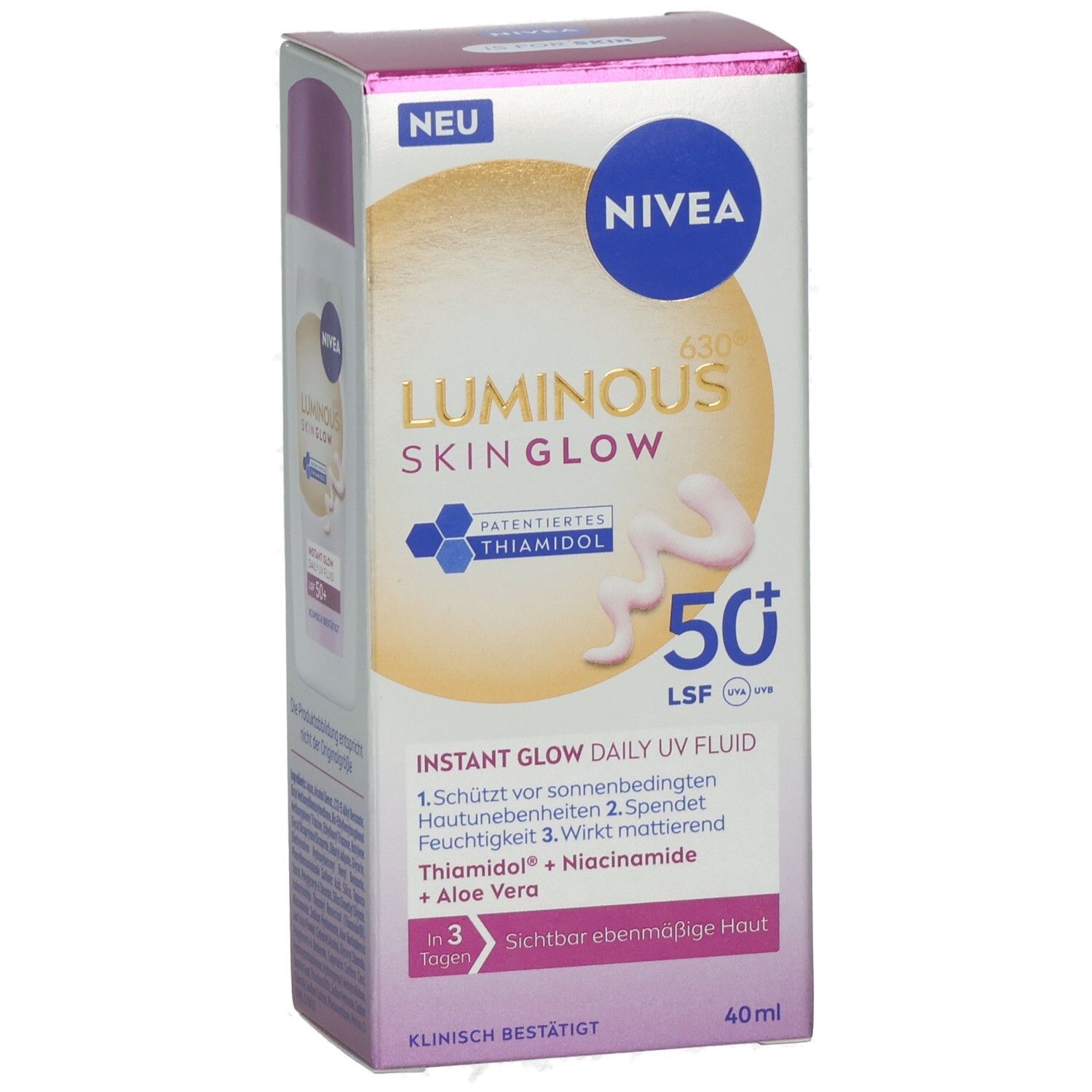 Vorderseite der NIVEA Luminous630 Skin Glow Tagespflege Faltschachtel. Zeigt LSF 50+, Thiamidol und Aloe Vera.
