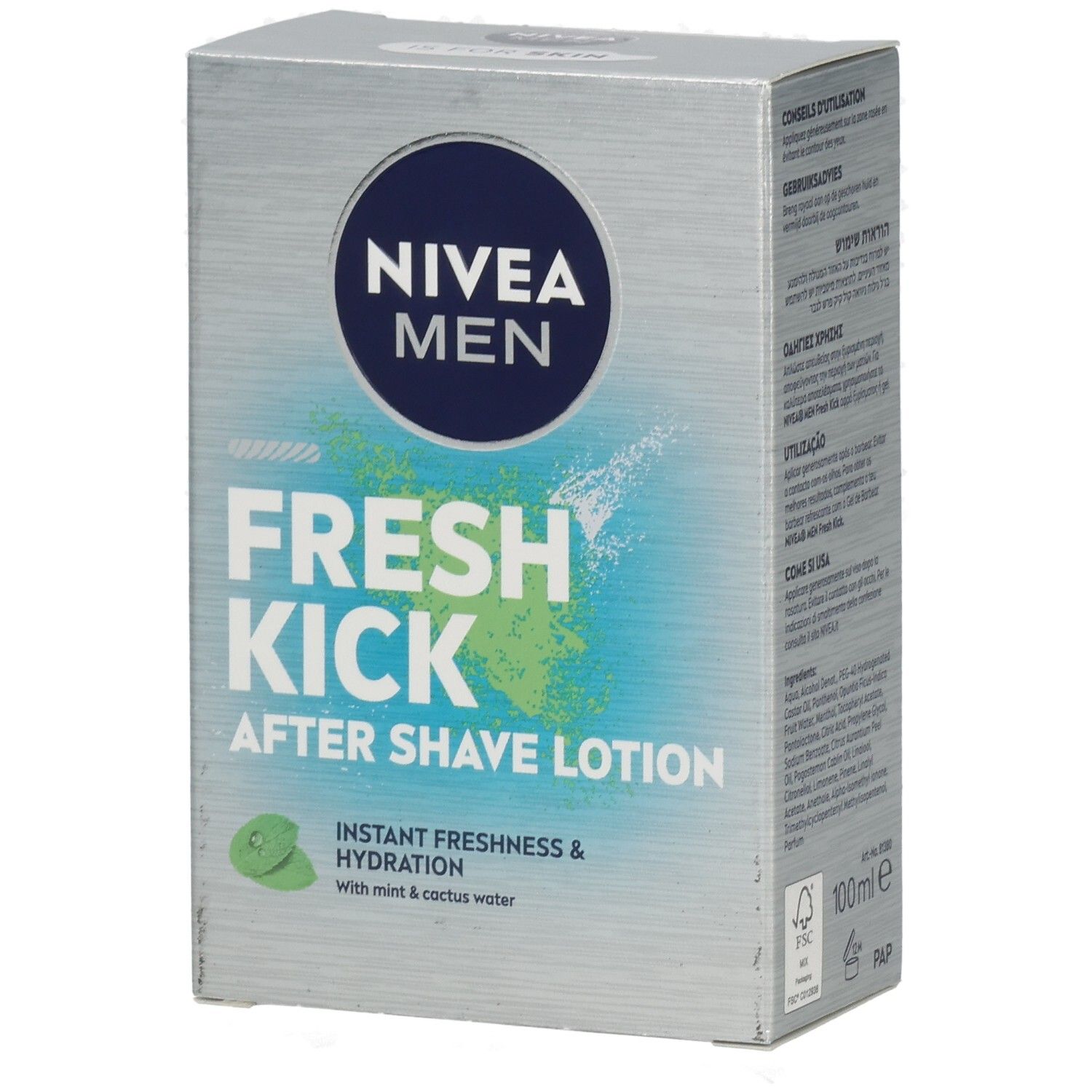 NIVEA MEN Fresh Kick After Shave Lotion Verpackung mit Text und Produktabbildung.
