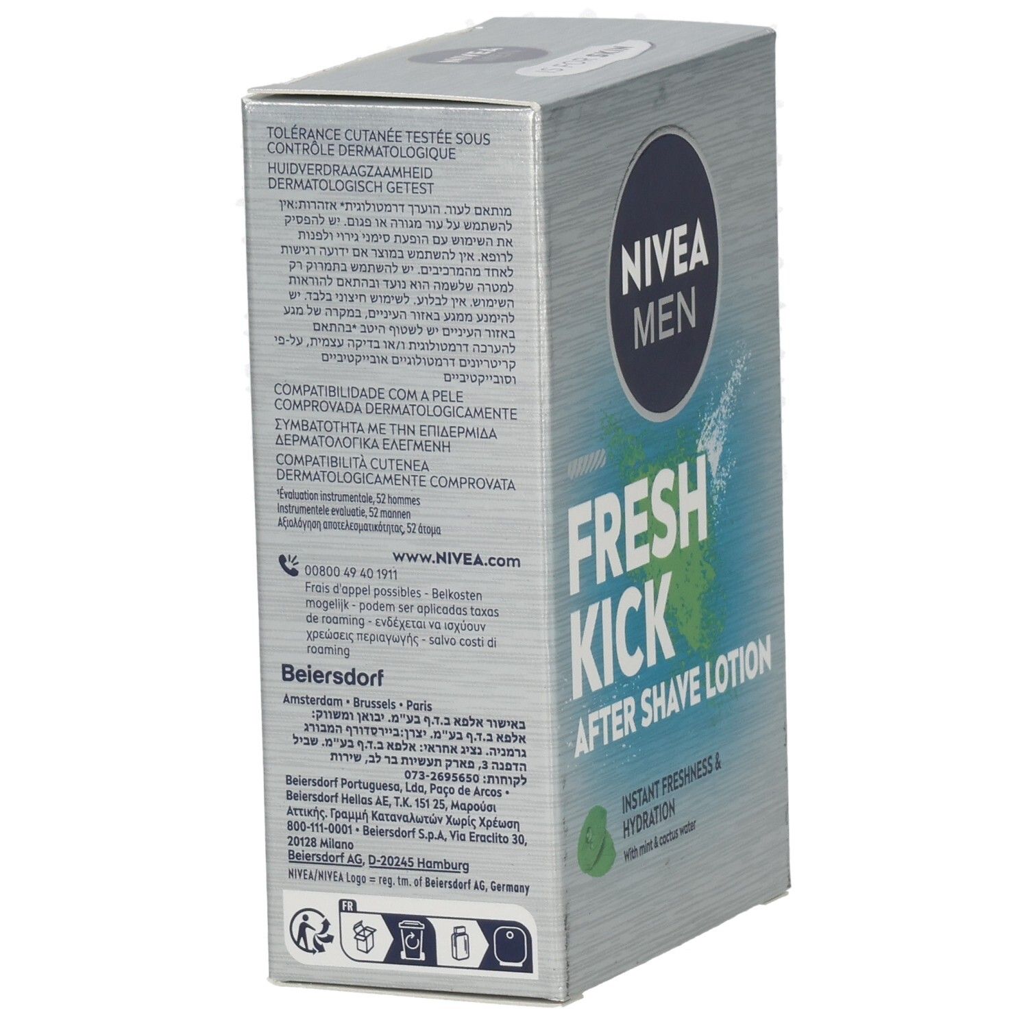 NIVEA MEN Fresh Kick After Shave Lotion Verpackung, Seitenansicht mit Textinformationen.