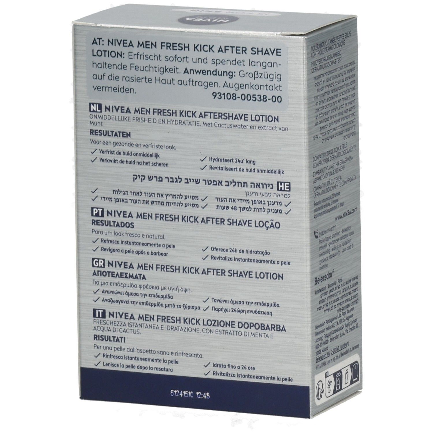 Rückseite der NIVEA MEN Fresh Kick After Shave Lotion Verpackung mit mehrsprachigen Produktinformationen.