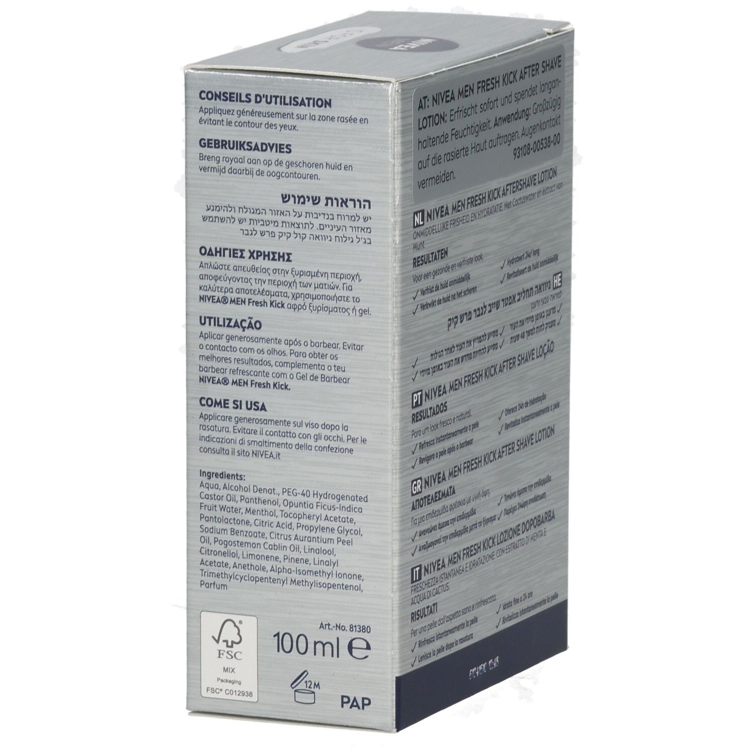 NIVEA MEN Fresh Kick After Shave Lotion Verpackung, Vorderseite mit Produktabbildung und Text.