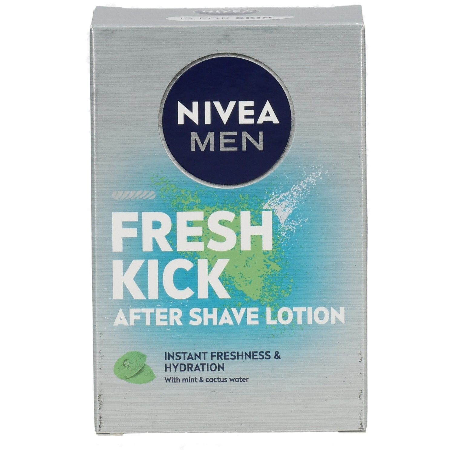 NIVEA MEN Fresh Kick After Shave Lotion Verpackung, Vorderseite mit Produktabbildung und Text.