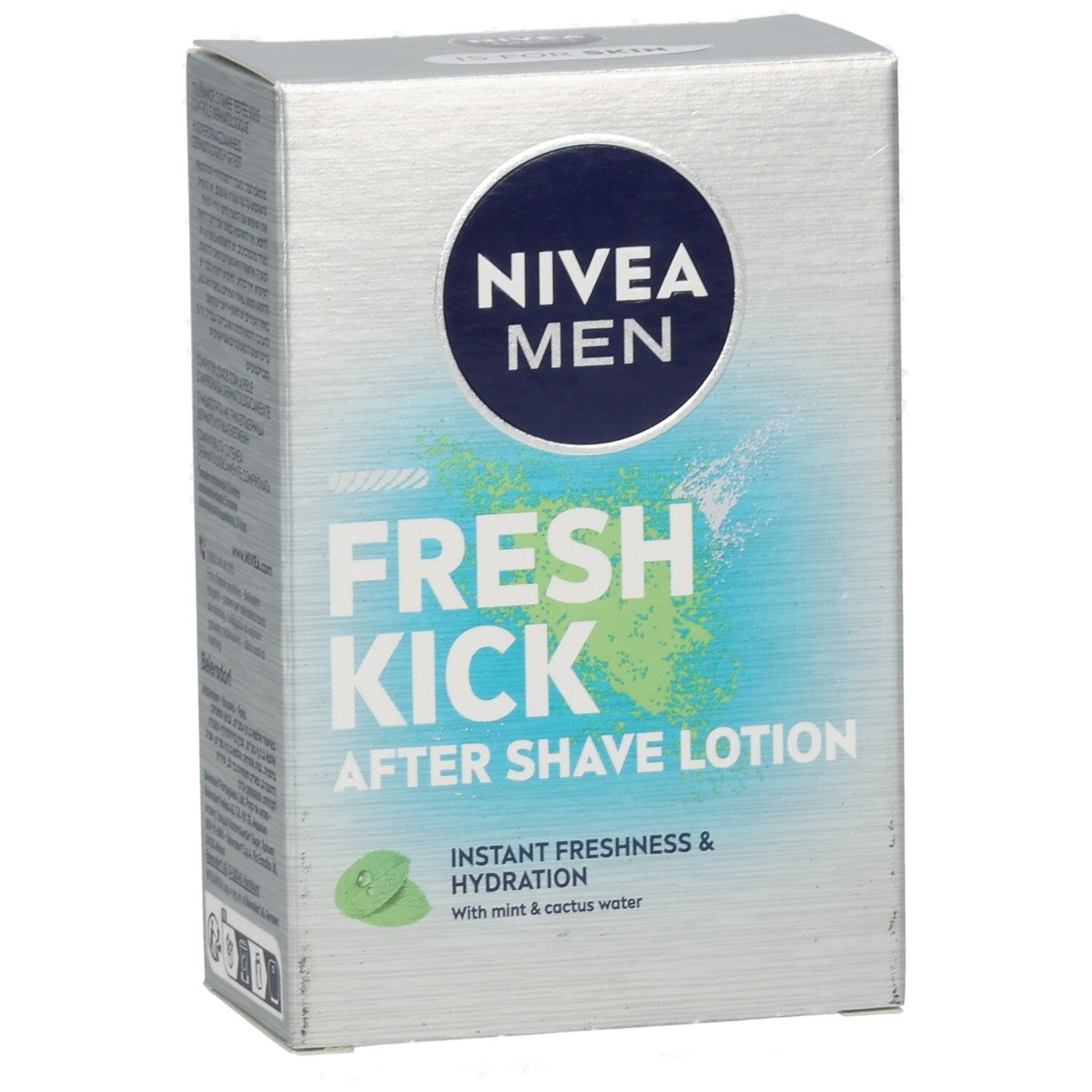 NIVEA MEN Fresh Kick After Shave Lotion Verpackung, Vorderseite mit Produktabbildung und Text.