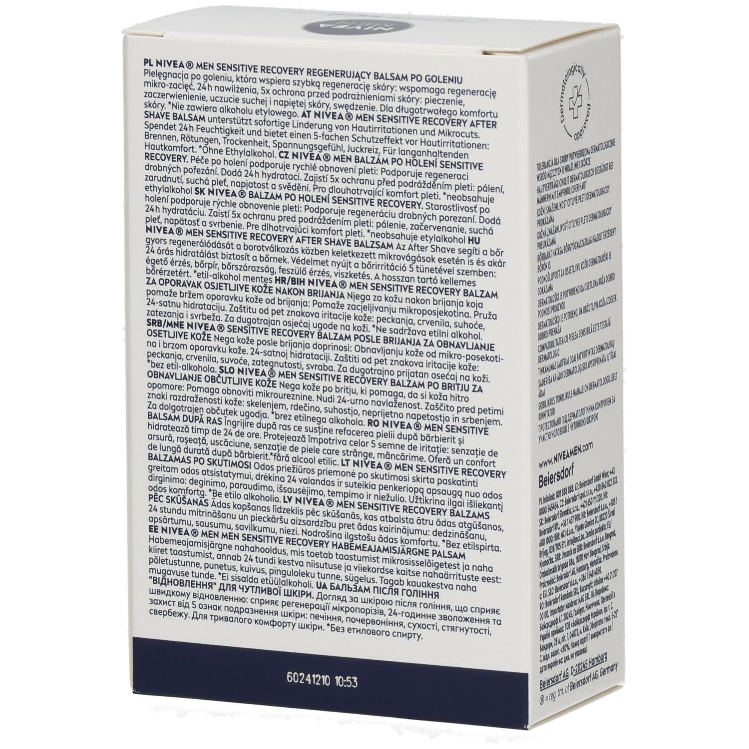 NIVEA MEN Sensitive Recovery After Shave Balsam Karton mit detaillierten Anwendungshinweisen.