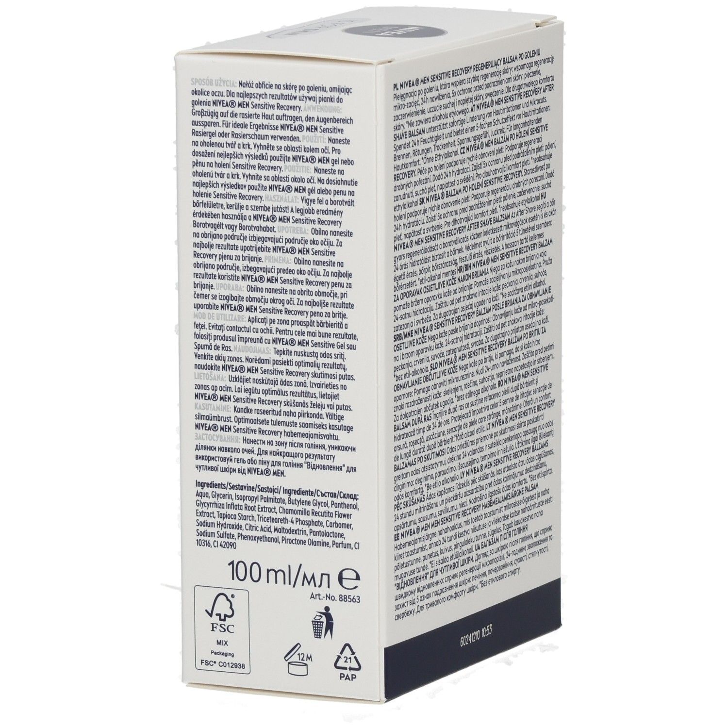 NIVEA MEN Sensitive Recovery After Shave Balsam Karton mit Inhaltsstoffangaben.