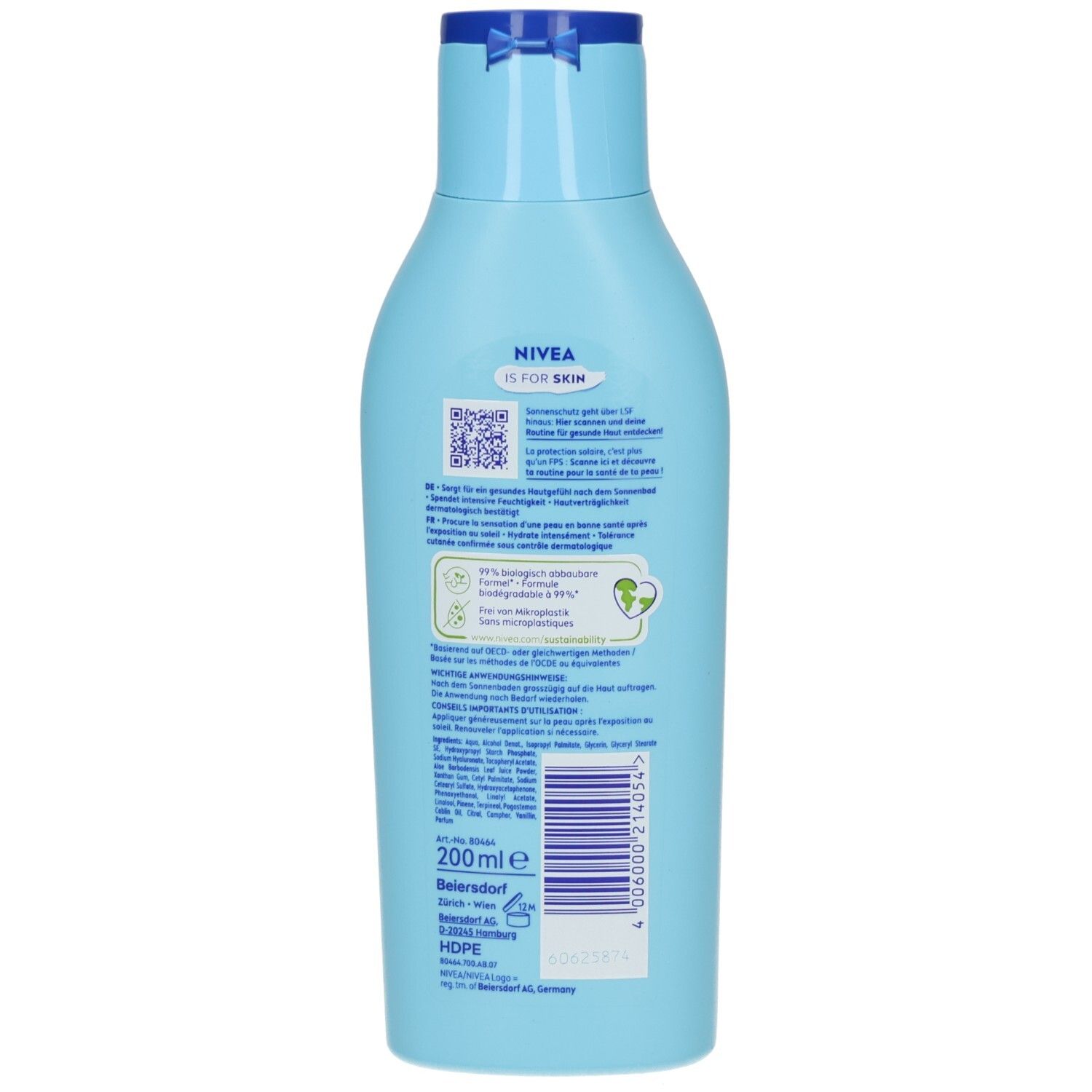 Rückseite einer hellblauen NIVEA SUN After SUN Moisture Lotion Flasche mit QR-Code und Produktinformationen. 200 ml.