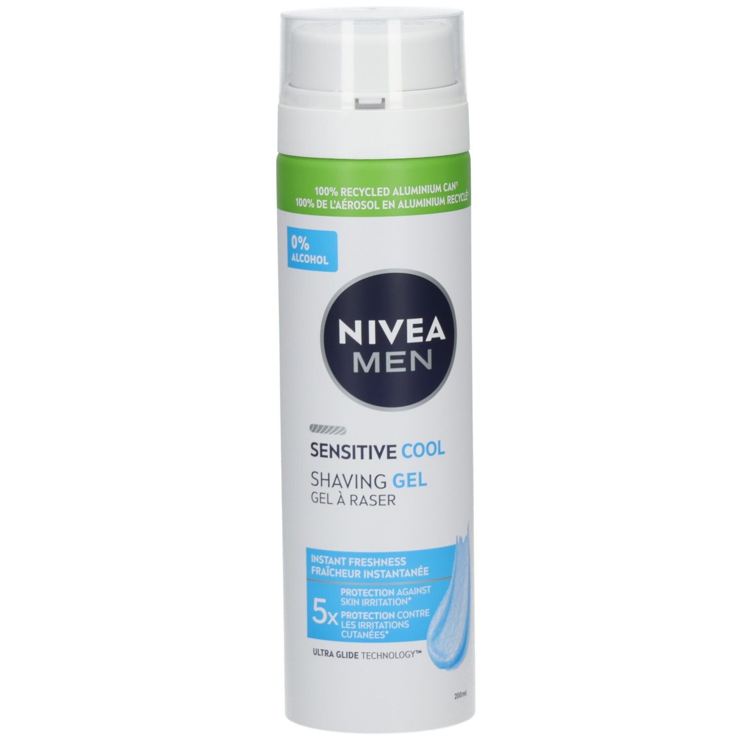 NIVEA MEN Sensitive Cool Rasiergel in weißer Dose mit blauem Etikett. 0% Alkohol.