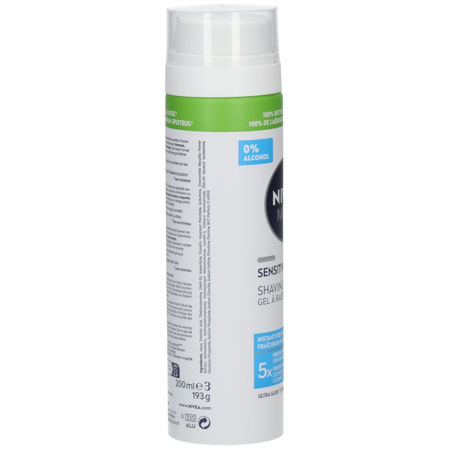 Rückseite der Dose NIVEA MEN Sensitive Cool Rasiergel mit Inhaltsstoffen und Anwendungshinweisen.