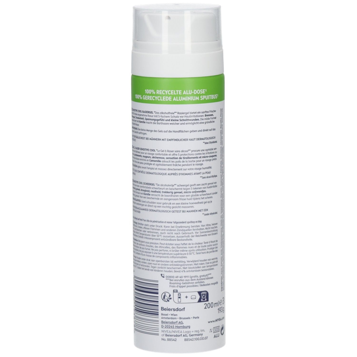Rückseite der Dose NIVEA MEN Sensitive Cool Rasiergel mit Produktinformationen und Barcode.