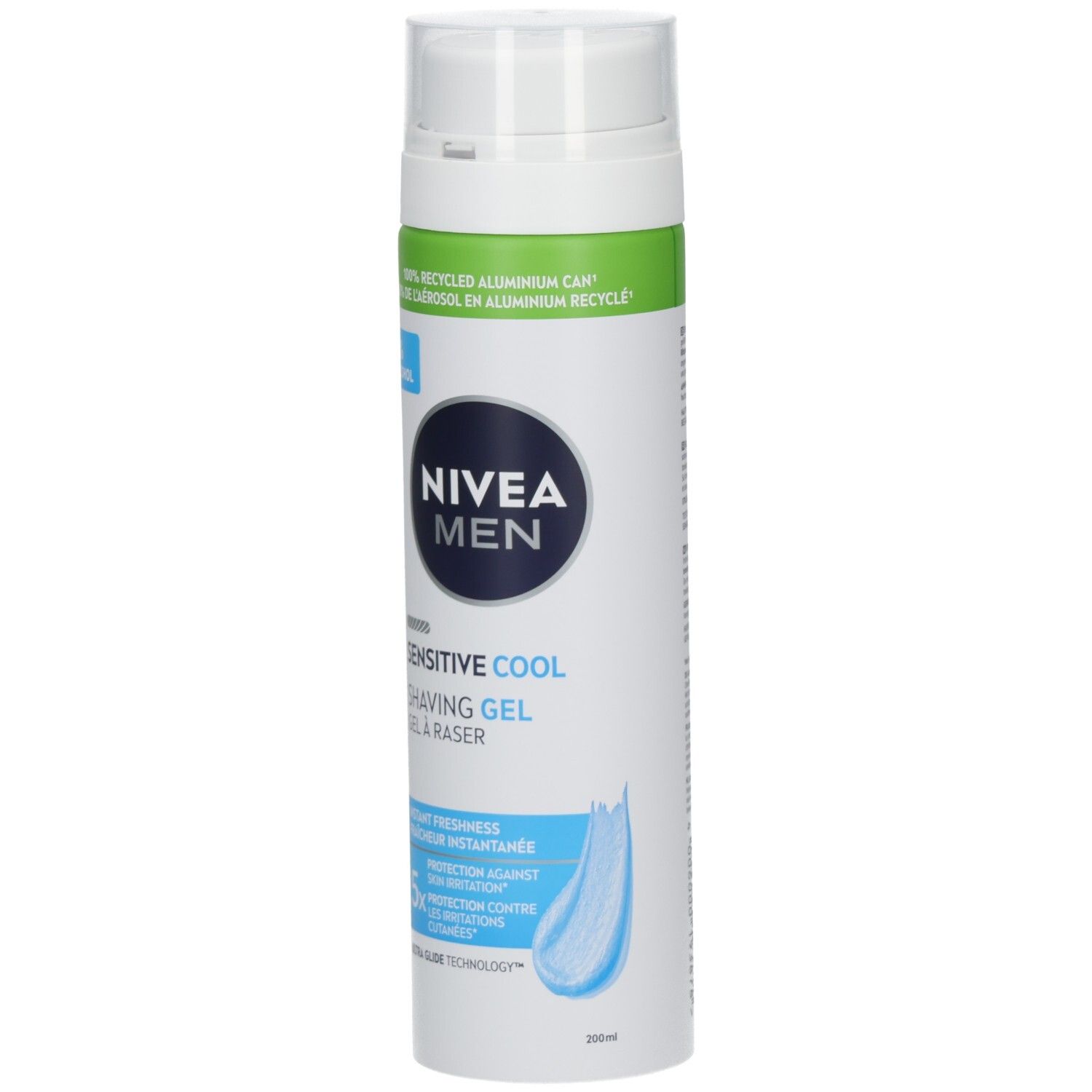 NIVEA MEN Sensitive Cool Rasiergel in weißer Dose mit blauem Etikett. 0% Alkohol.