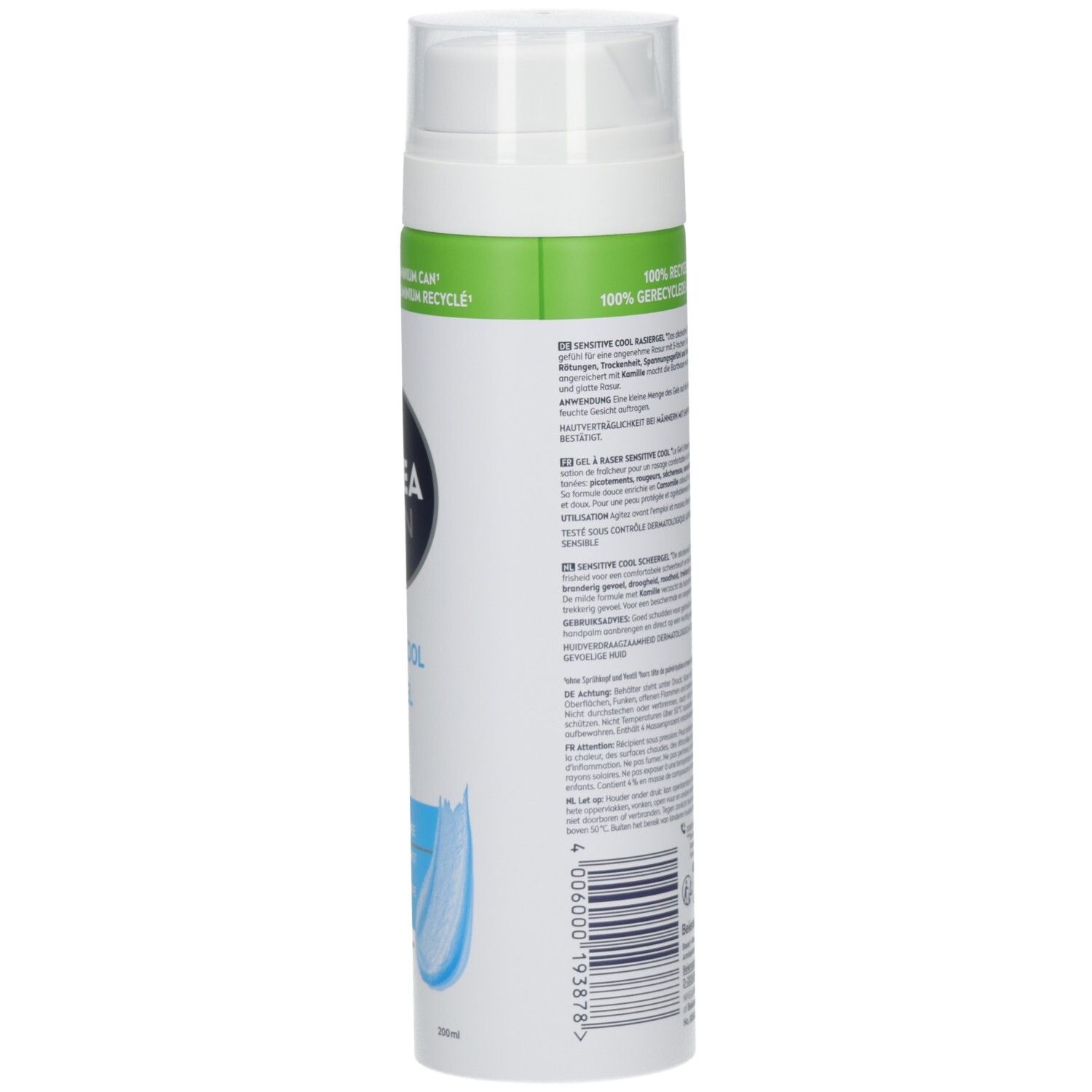Seitenansicht der Dose NIVEA MEN Sensitive Cool Rasiergel mit Produktinformationen.