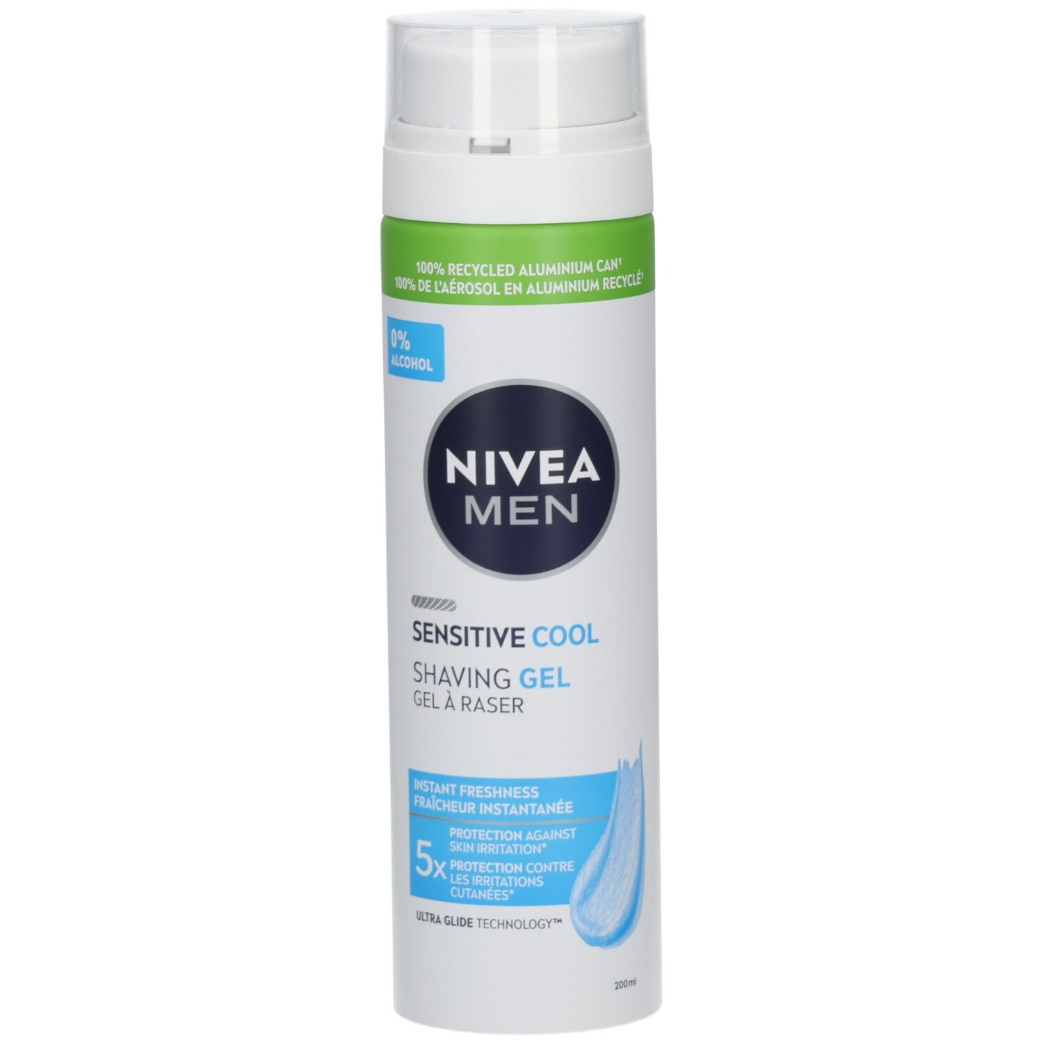 NIVEA MEN Sensitive Cool Rasiergel in weißer Dose mit blauem Etikett. 0% Alkohol.