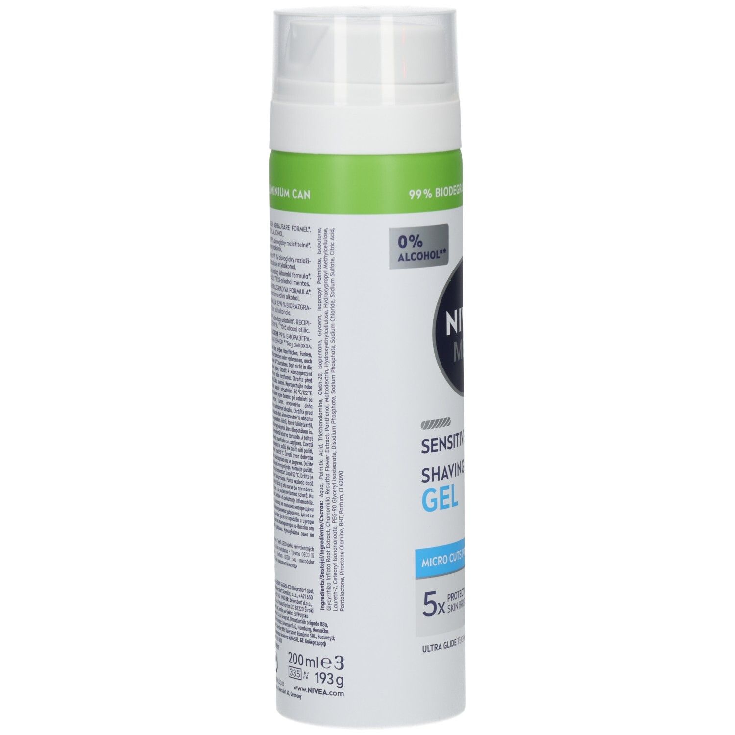 Rückseite des NIVEA MEN Sensitive Recovery Rasiergels mit Inhaltsangaben und 200ml/193g Angabe.