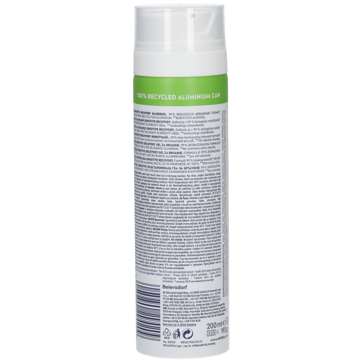 Detaillierte Rückseite des NIVEA MEN Sensitive Recovery Rasiergels mit Recycling-Hinweis und Barcode.