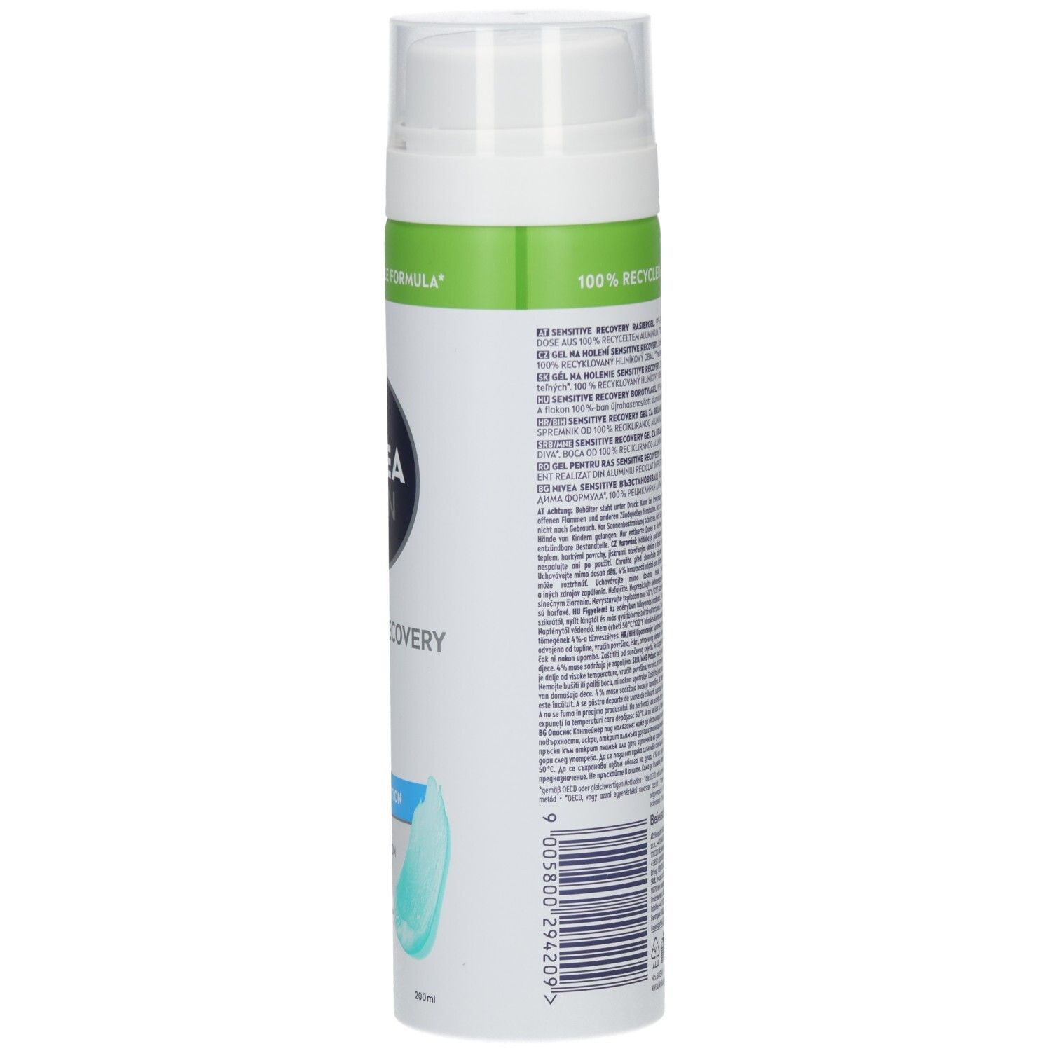 Seitenansicht des NIVEA MEN Sensitive Recovery Rasiergels mit Hinweisen zur biologisch abbaubaren Formel.