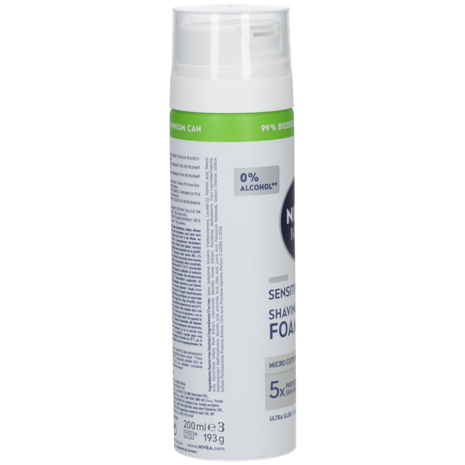 Rückseite der NIVEA MEN Sensitive Recovery Rasierschaum Dose, mit Inhaltsstoffen und 200ml/193g Angabe.