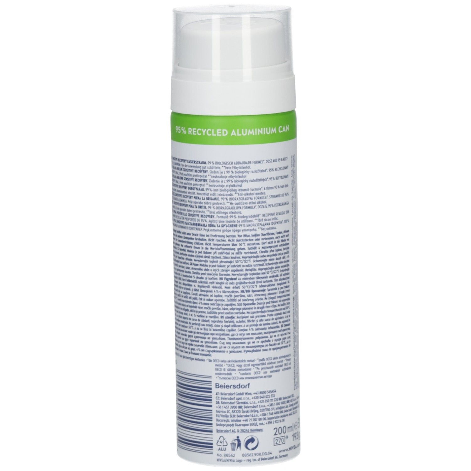 Seite der NIVEA MEN Sensitive Recovery Rasierschaum Dose, mit Hinweis auf 95% recycelte Aluminiumkappe und Inhaltsstoffen.