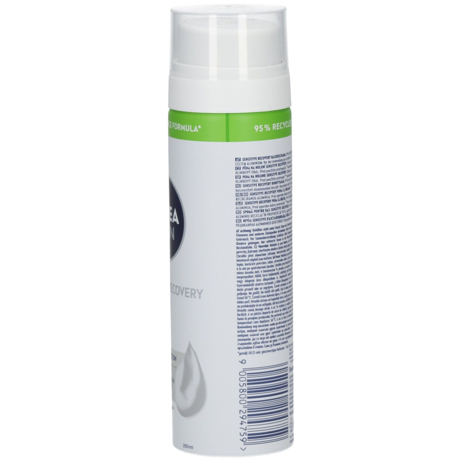 Rückseite der NIVEA MEN Sensitive Recovery Rasierschaum Dose, mit Barcode und 200ml Angabe.