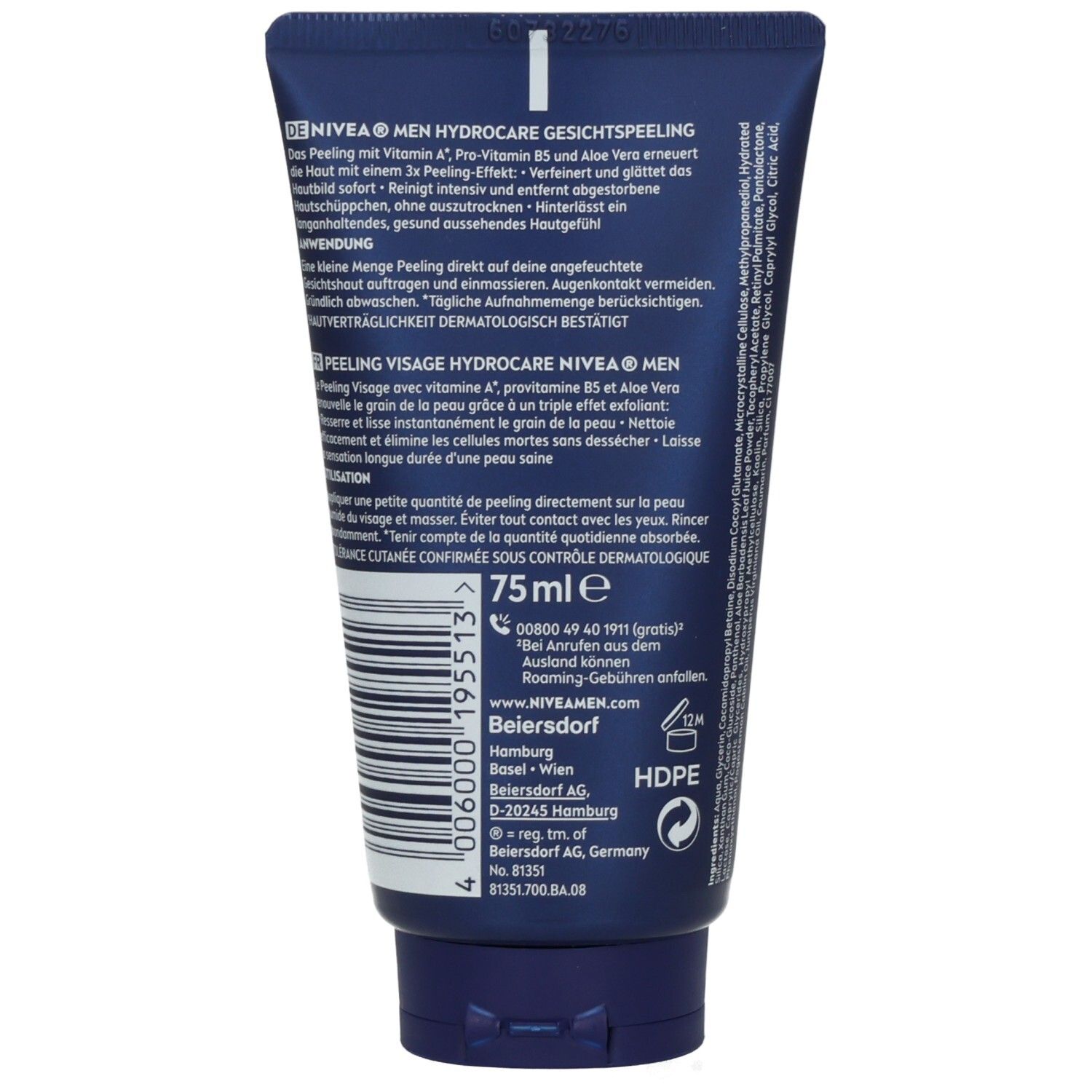 Rückseite der NIVEA MEN Hydrocare Gesichtspeeling Tube mit Anwendungshinweisen und Inhaltsstoffen.