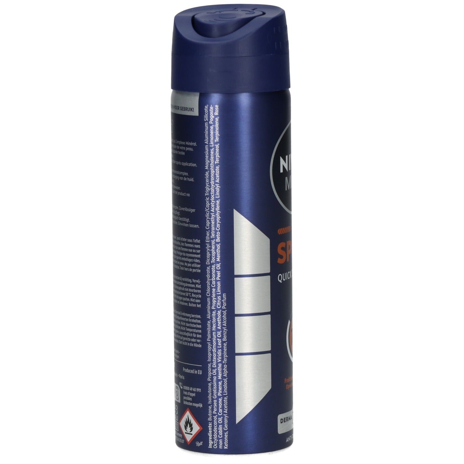 Rückseite NIVEA MEN Sport Quick Dry Deo-Spray mit Inhaltsstoffangaben.