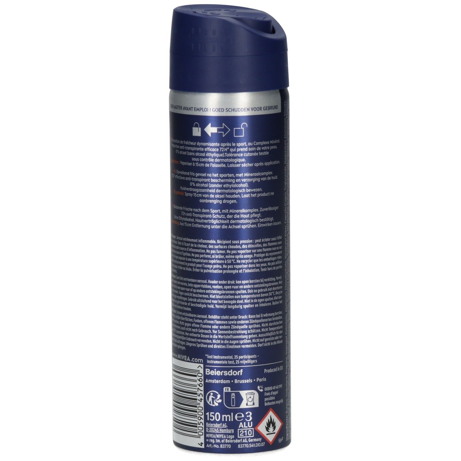 Rückseite NIVEA MEN Sport Quick Dry Deo-Spray mit Anwendungshinweisen und 150ml Angabe.