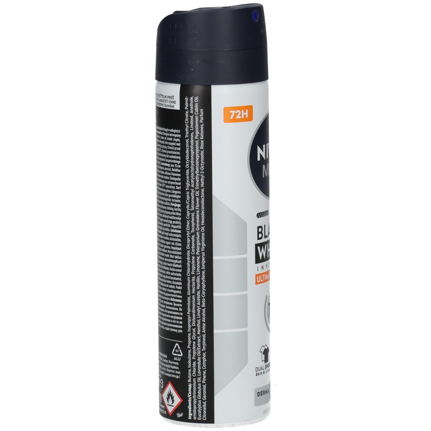 Rückseite einer NIVEA MEN Invisible Black & White Deospray Dose mit Inhaltsstoffen und Anwendungshinweisen.