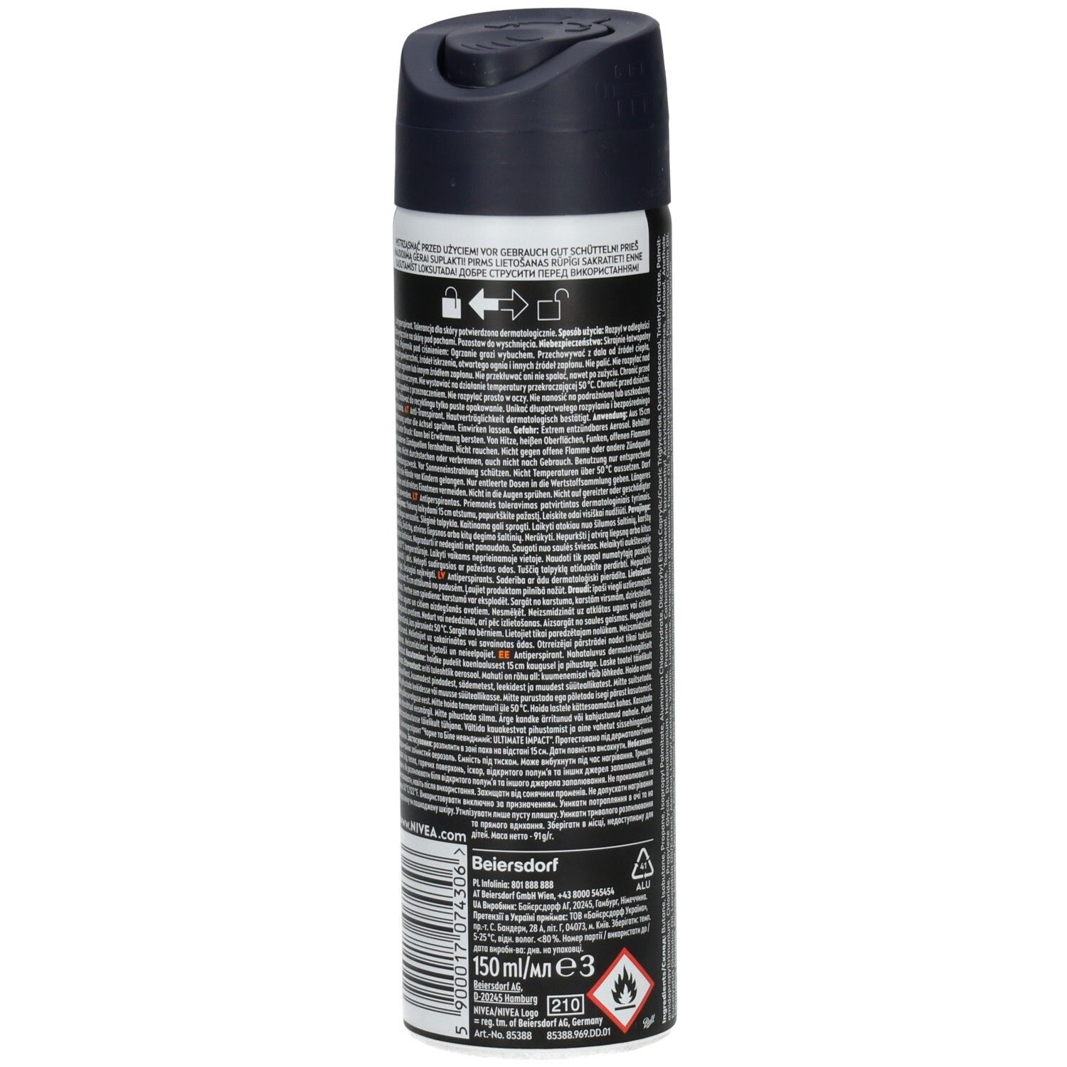 Rückseite einer NIVEA MEN Invisible Black & White Deospray Dose mit Barcode und Produktinformationen.