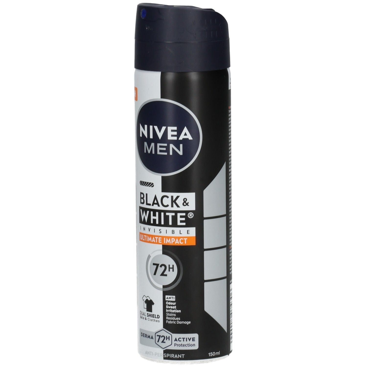 NIVEA MEN Invisible Black & White Deospray Dose, Vorderansicht mit schwarzem Deckel und Etikett.
