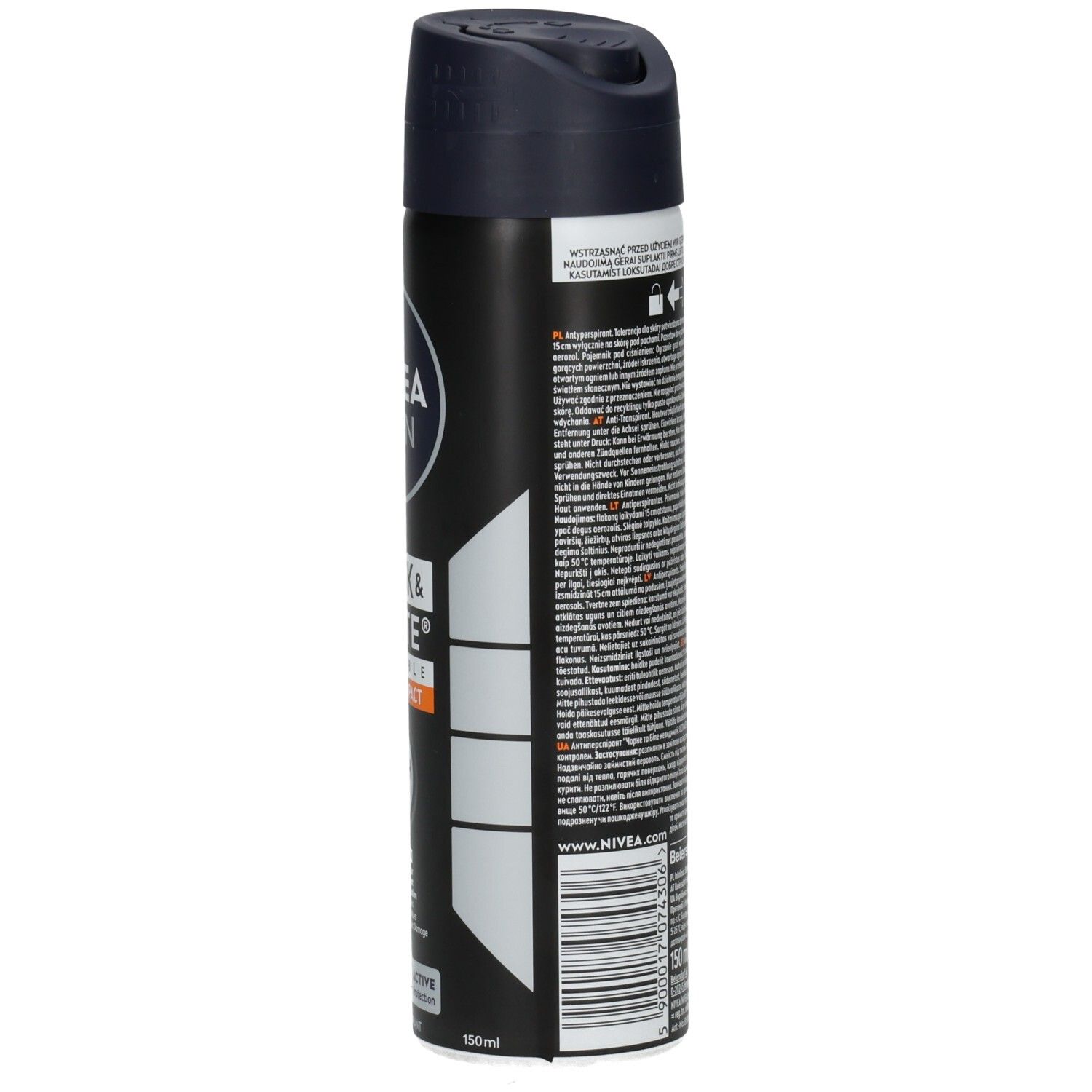 Seitenansicht einer NIVEA MEN Invisible Black & White Deospray Dose mit detaillierten Produktinformationen.