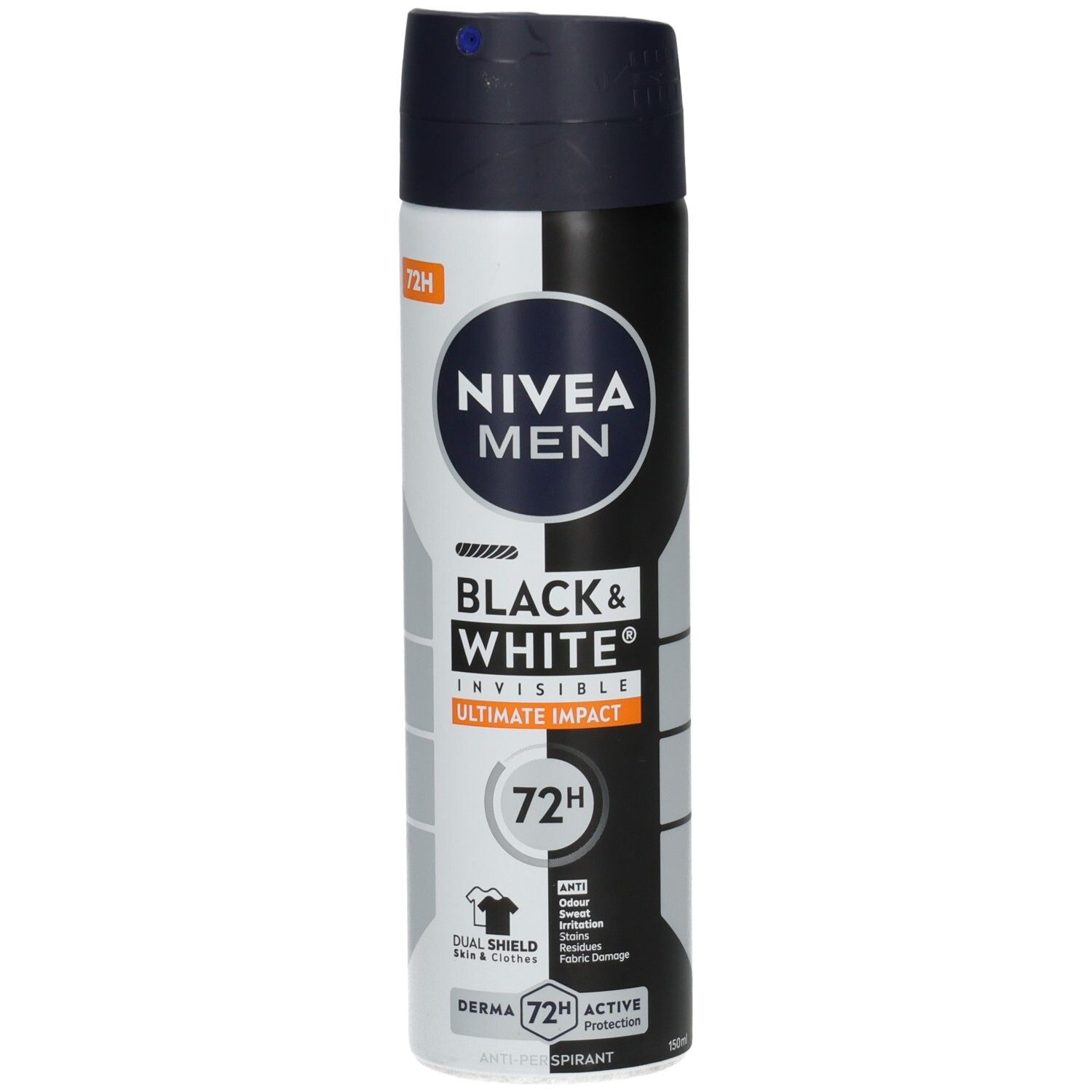 NIVEA MEN Invisible Black & White Deospray Dose, Frontalansicht mit schwarzem Deckel und Etikett.