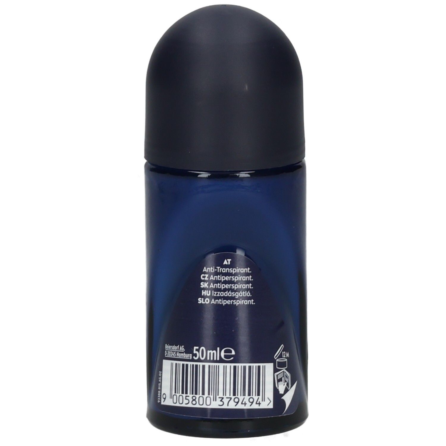 Rückseite Nivea Men Deep Sport Roll-On Antitranspirant 50ml. Enthält Informationen zu verschiedenen Sprachen.
