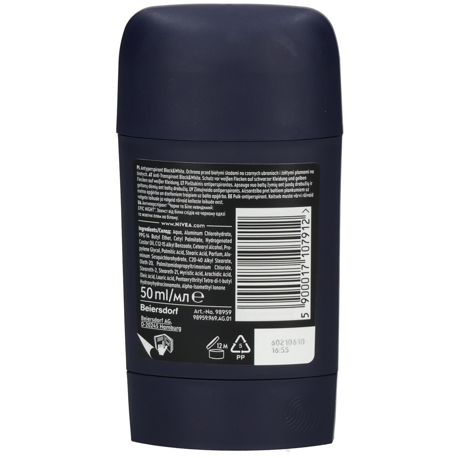 Rückseite NIVEA MEN Black & White Epic Night Deo Stick, 50ml, mit Inhaltsstoffen und Barcode.