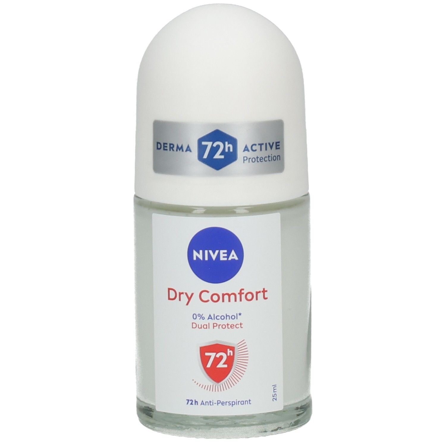 NIVEA Dry Comfort Roll-on Mini: 72h Anti-Transpirant mit 0% Alkohol. Glasflasche mit weißem Verschluss.
