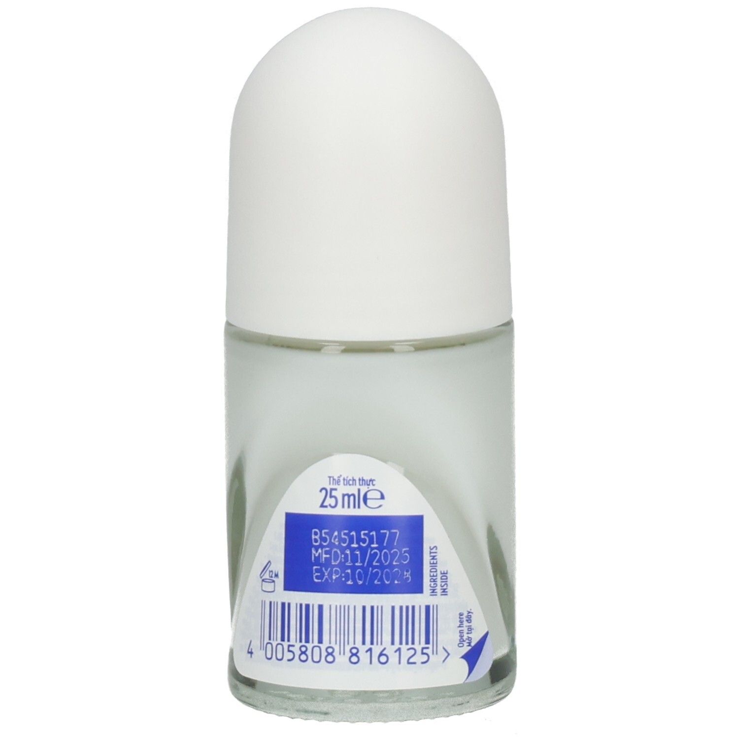 Rückseite NIVEA Dry Comfort Roll-on Mini: 25 ml, Barcode und Haltbarkeitsdatum.