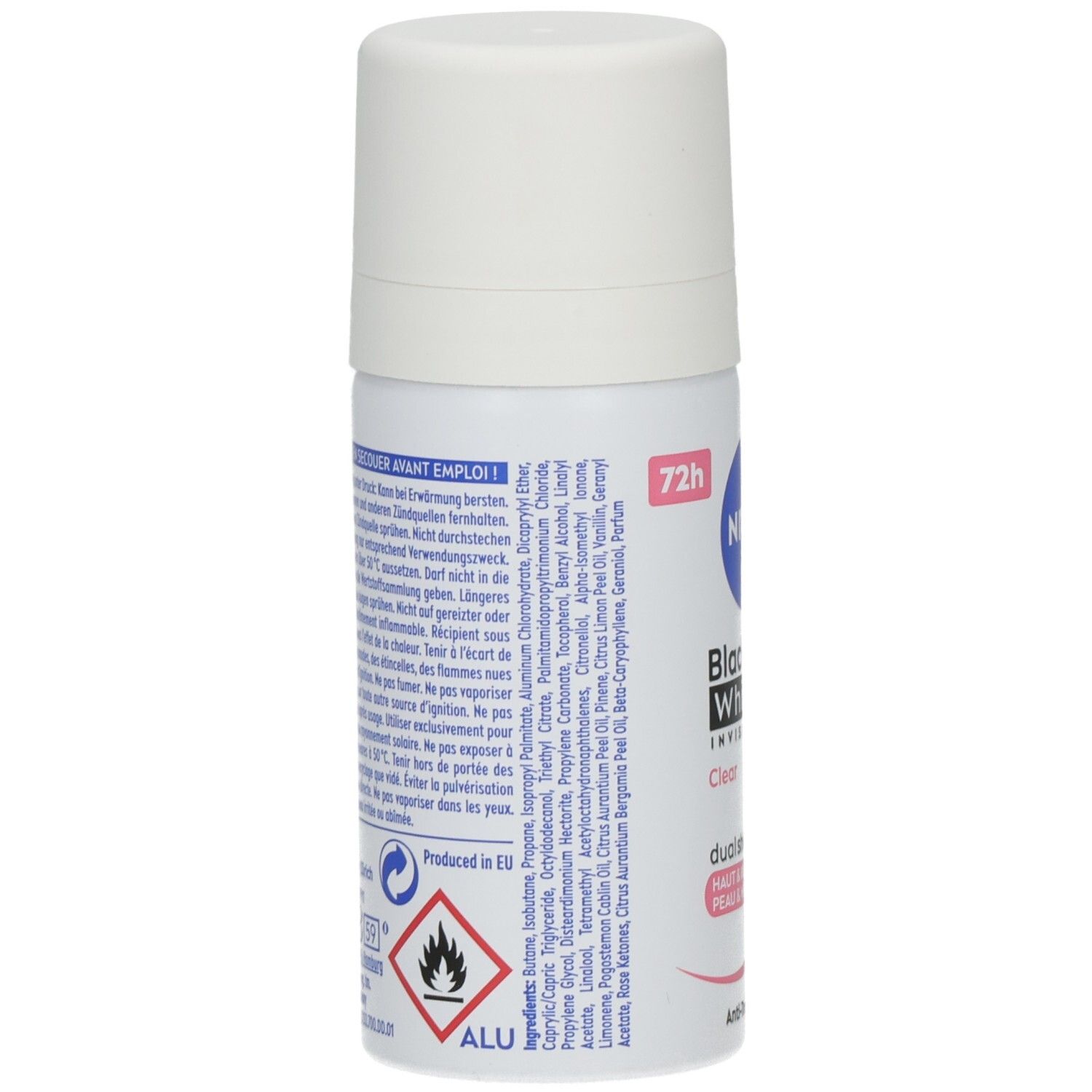 Nivea Black & White Invisible Clear Mini Spray Rückseite mit Inhaltsstoffen und Warnhinweisen.