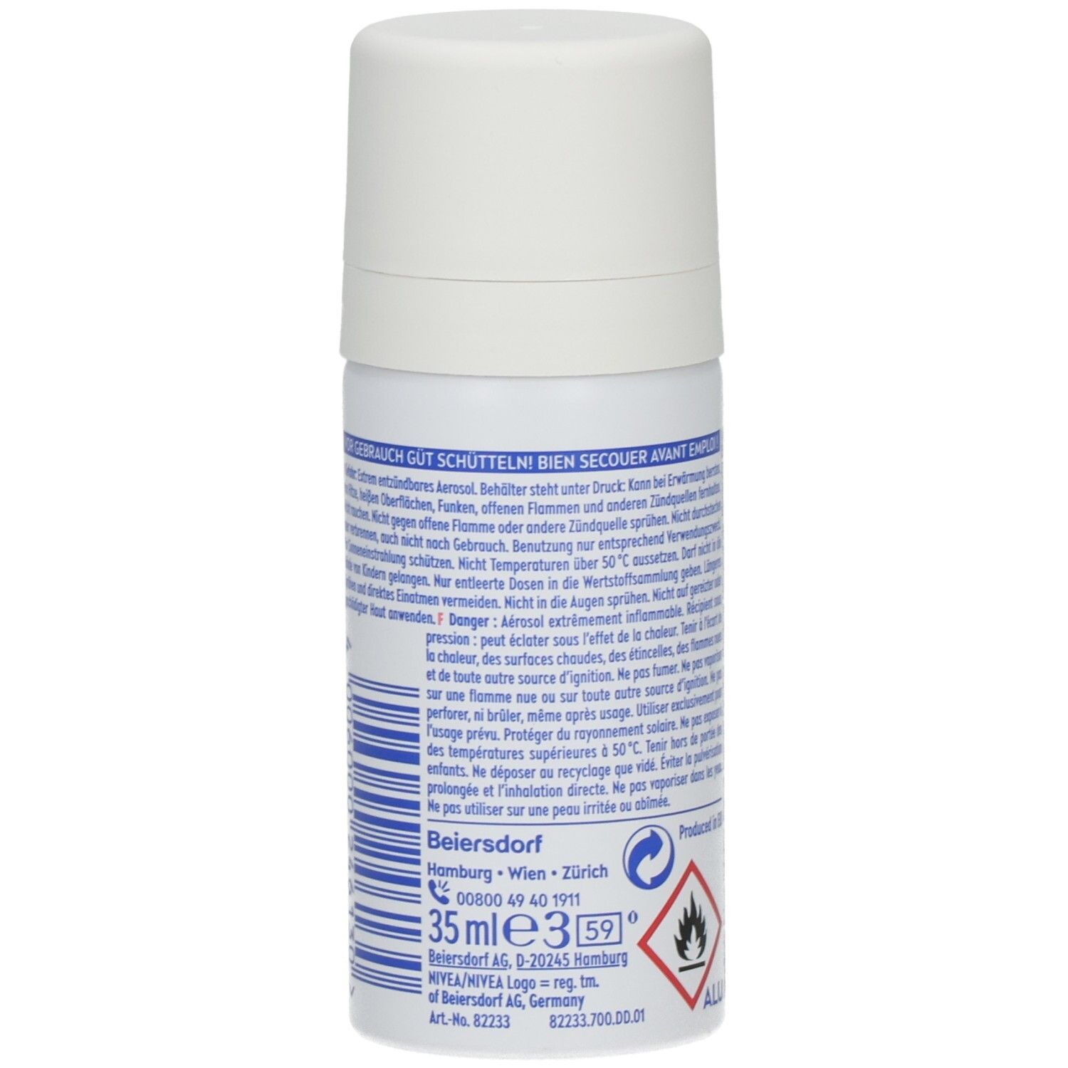 Nivea Black & White Invisible Clear Mini Spray, 35ml Dose mit Informationen und Warnsymbolen.