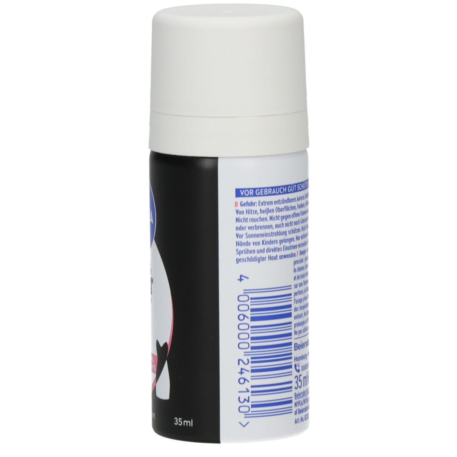Nivea Black & White Invisible Clear Mini Spray, Rückseite mit Barcode und Produktinformationen.