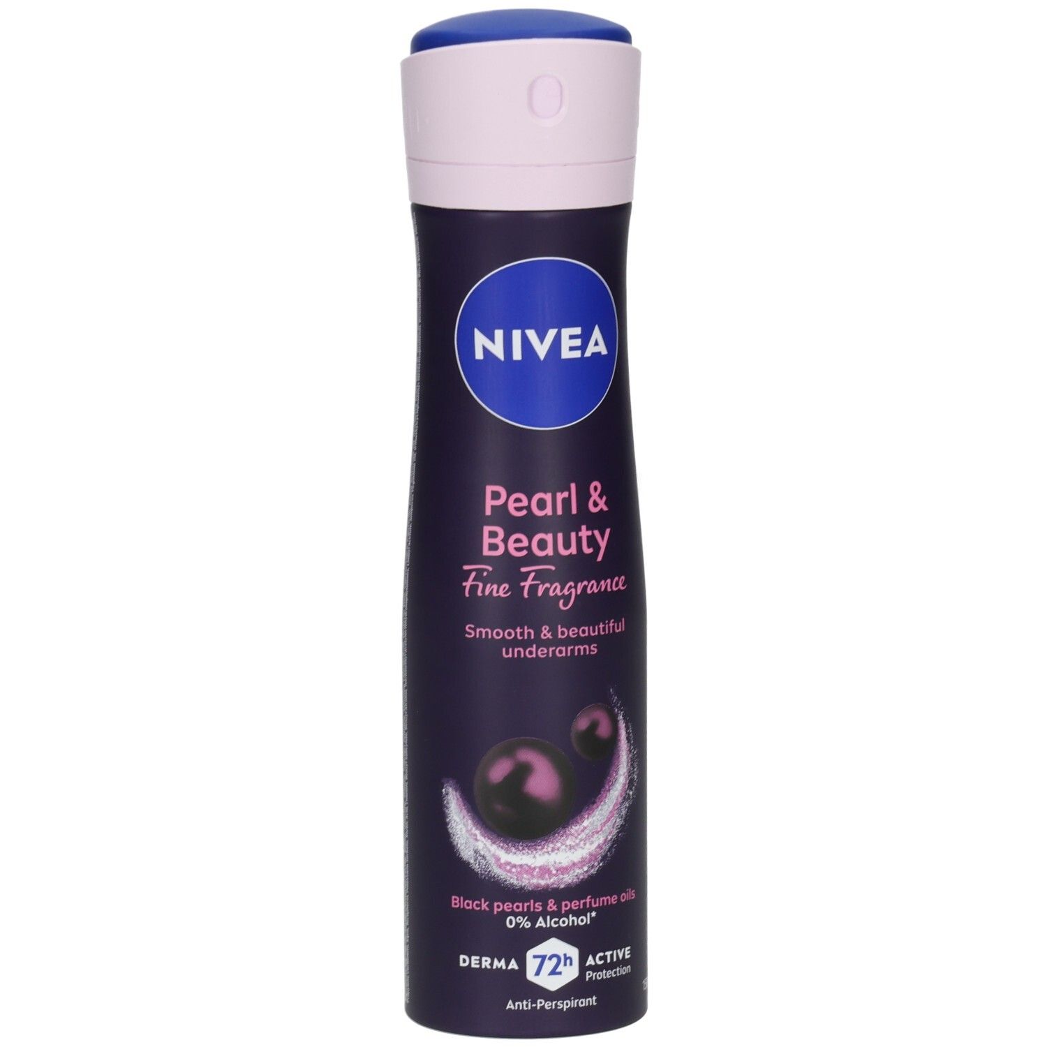 Nivea Pearl & Beauty Deodorant Spray mit 72h Schutz. Dunkelvioletter Behälter mit blauem Deckel.
