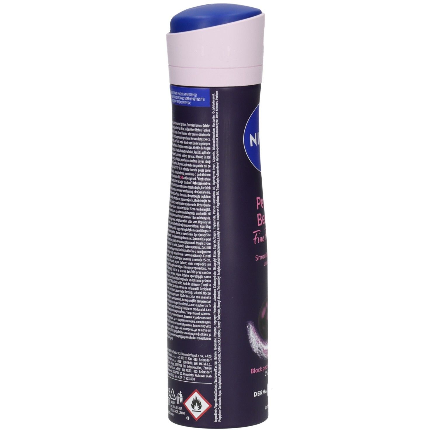 Nivea Deospray mit blauem Deckel und rosa Akzenten. Dunkelblauer Behälter mit Produktinformationen.