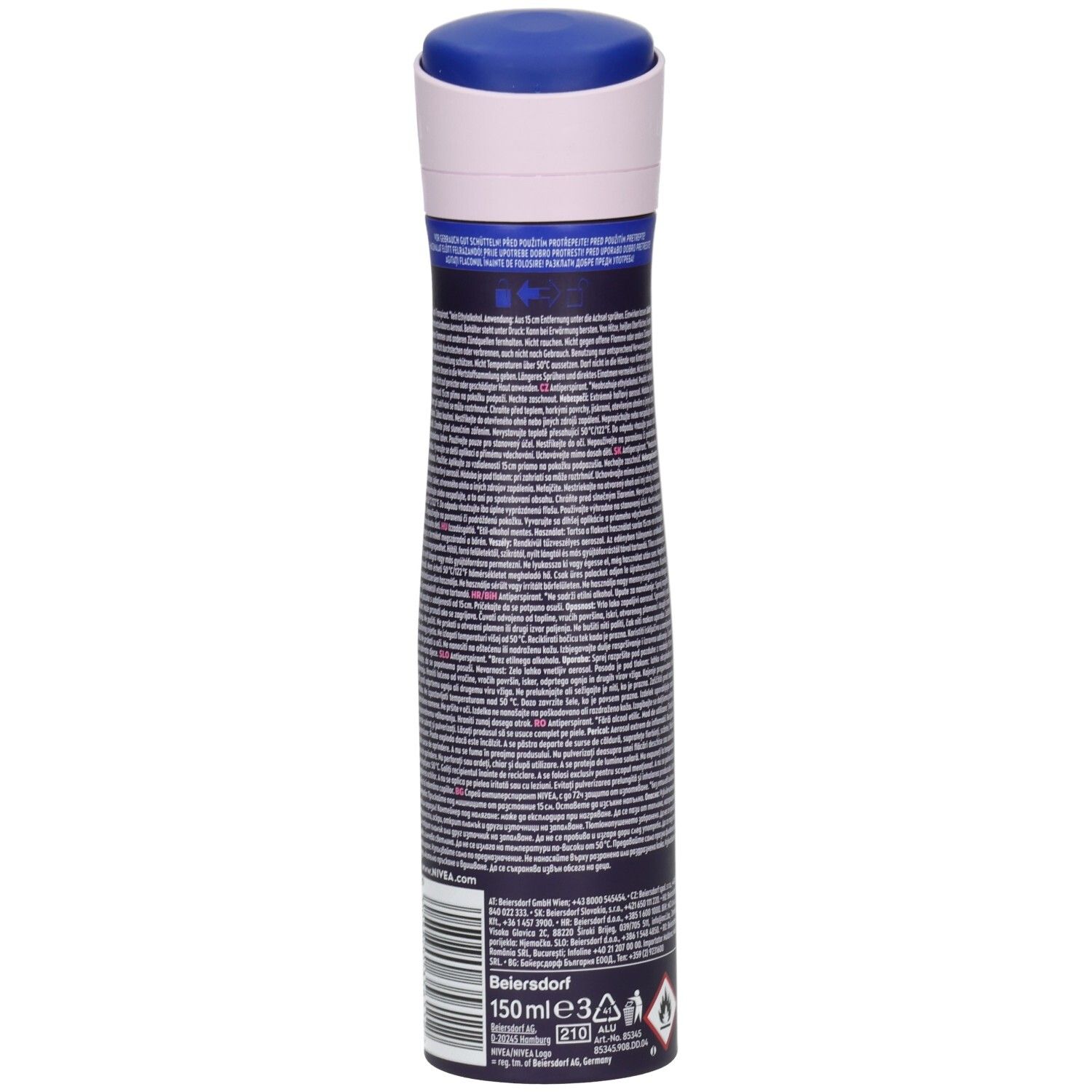 Dunkelblaue Aerosoldose mit weißem und blauem Verschluss. Enthält Text und Warnsymbole. 150 ml.