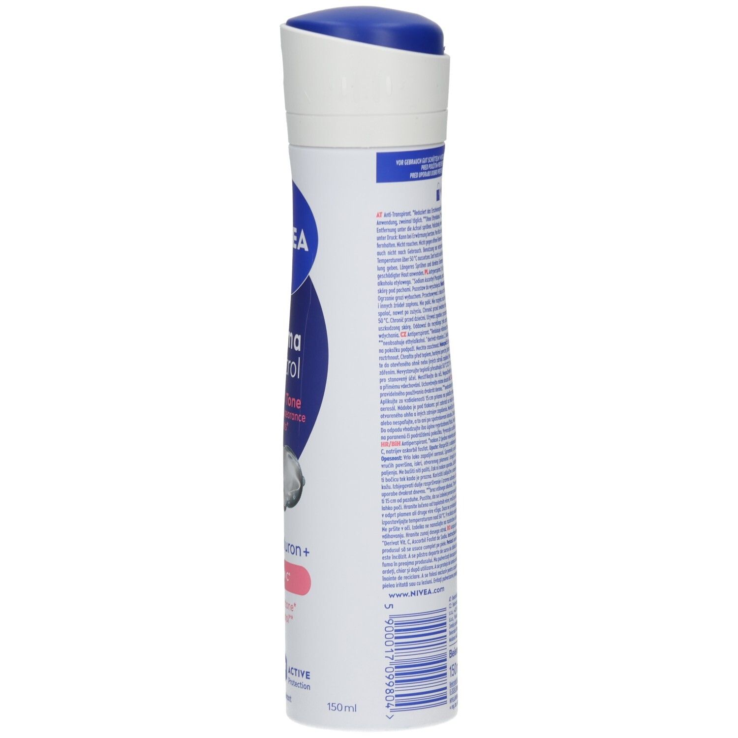 Seitenansicht des NIVEA Derma Control Natural Tone Sprays, das die blaue Kappe und den weißen Behälter zeigt.